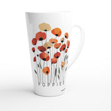 A tall white ceramic latte mug featuring a watercolor-style print of red, orange, and beige poppies with the word 'POPPIES' printed below, on a clean white background.