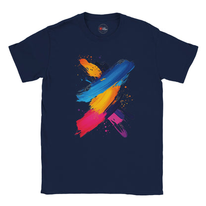 Navy blue t-shirt with colorful abstract design on a white background