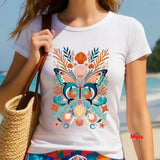 A woman wearing a white dolphin butterfly ocean graphic T-shirt with colourful shells and starfish, carrying a woven beach bag.