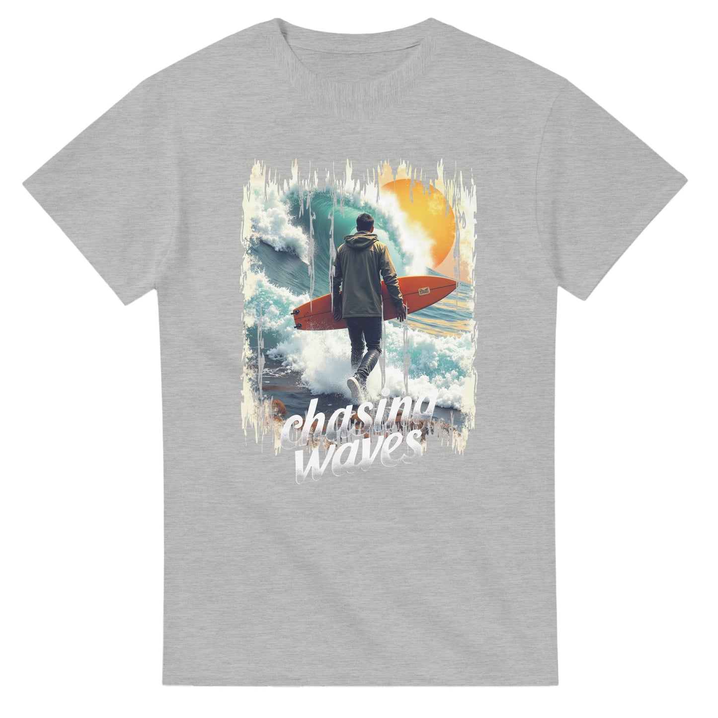 Ash t-shirt with a graphic of a person with a surfboard and text 'Chasing Waves' on a white background