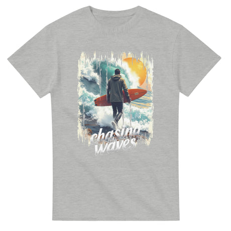 Ash t-shirt with a graphic of a person with a surfboard and text 'Chasing Waves' on a white background