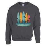 Dark Heather sweatshirt with colorful surfboard design on a white background