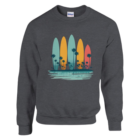 Dark Heather sweatshirt with colorful surfboard design on a white background