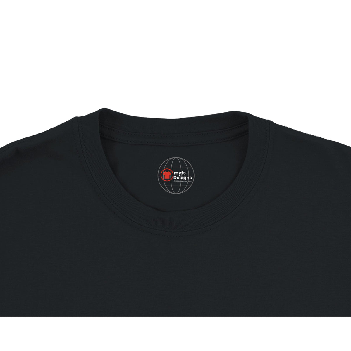 Black t-shirt with a logo on the collar against a white background