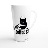 A white ceramic latte mug featuring a black graphic of a cat in a coffee cup with the text 'Gory Coffee Cat' printed on the side, set against a plain white background.