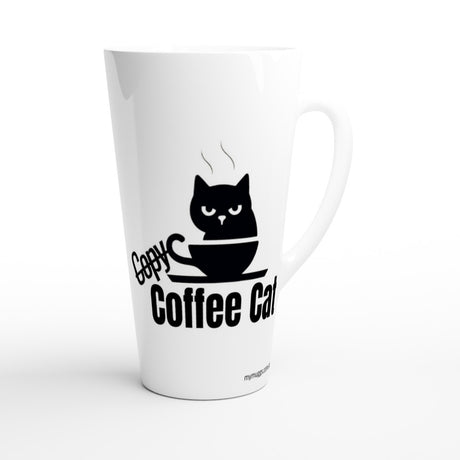 A white ceramic latte mug featuring a black graphic of a cat in a coffee cup with the text 'Gory Coffee Cat' printed on the side, set against a plain white background.