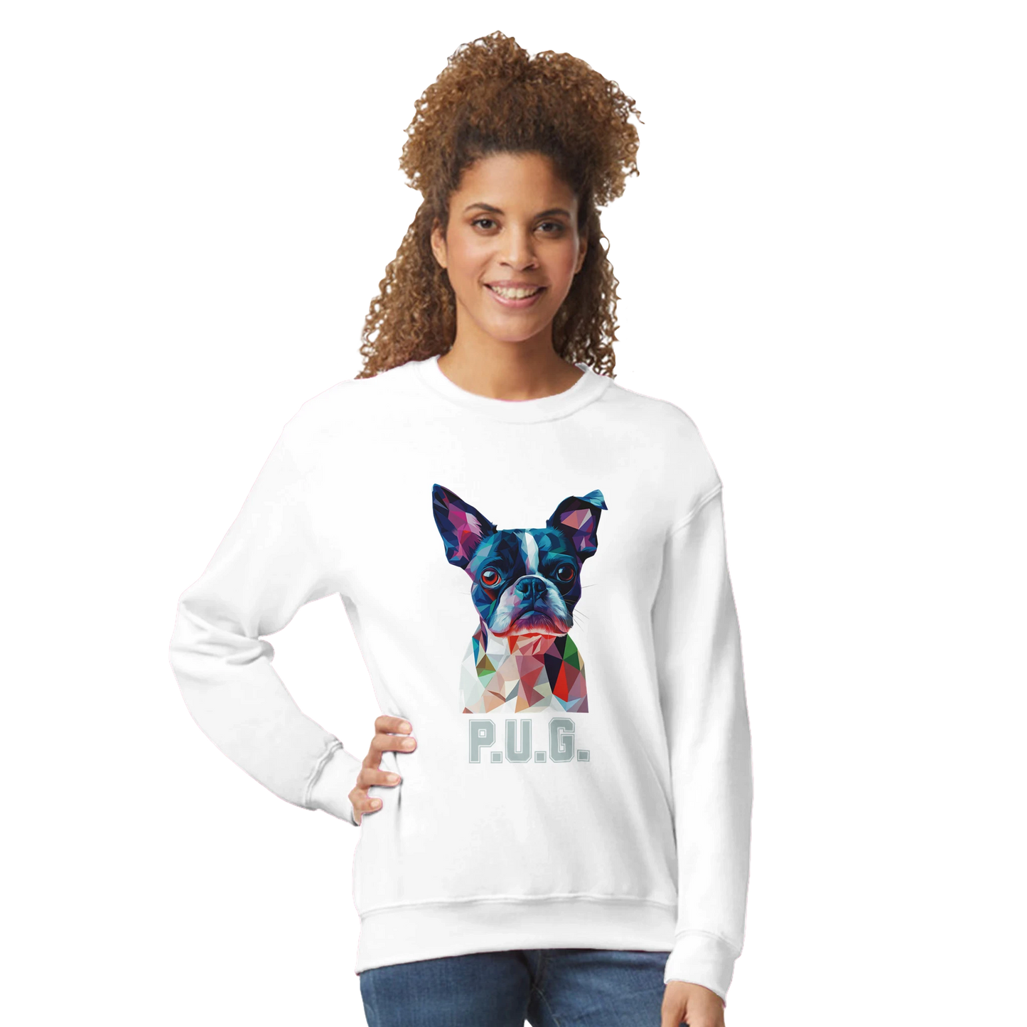 A girl wearing a white sweatshirt featuring a vibrant polygon-style dog portrait with the text “P.U.G.” below.