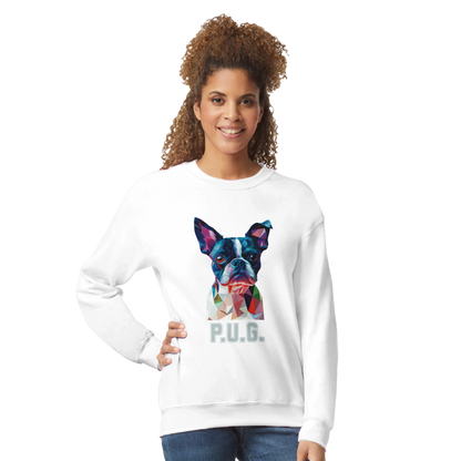 A girl wearing a white sweatshirt featuring a vibrant polygon-style dog portrait with the text “P.U.G.” below.