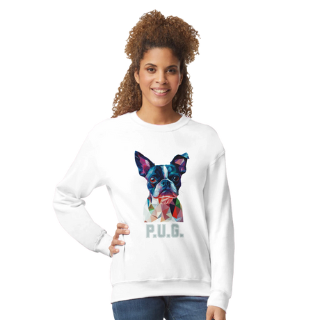 A girl wearing a white sweatshirt featuring a vibrant polygon-style dog portrait with the text “P.U.G.” below.
