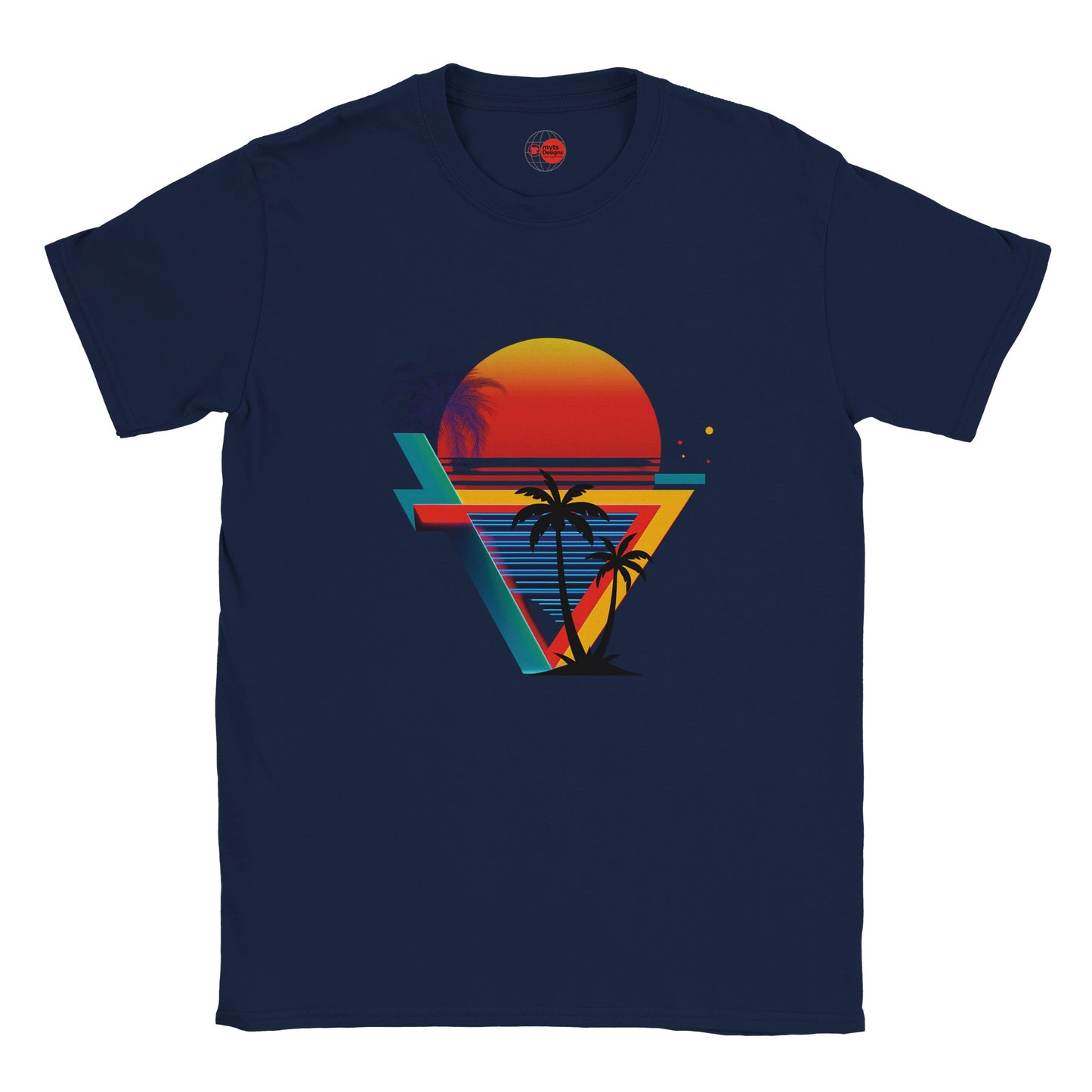 Navy blue t-shirt with a colorful geometric design featuring a sunset and palm trees on a white background.