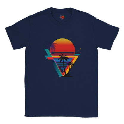Navy blue t-shirt with a colorful geometric design featuring a sunset and palm trees on a white background.