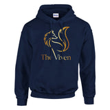Navy hoodie with fox theme graphic and text on a white background