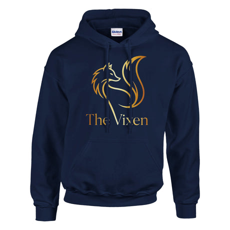 Navy hoodie with fox theme graphic and text on a white background