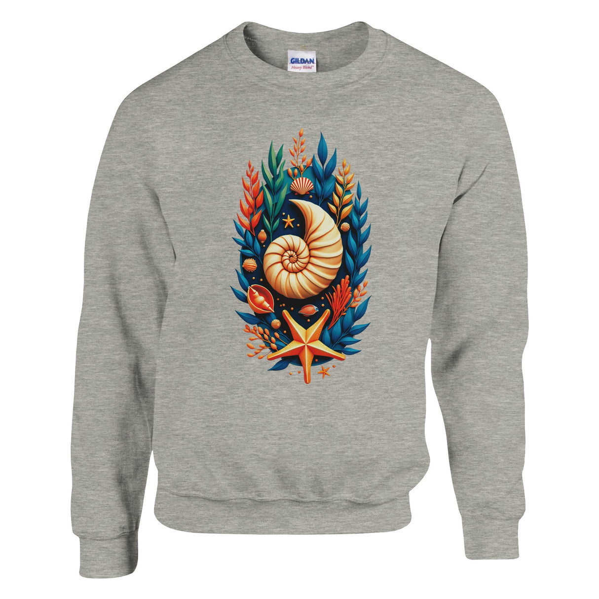 A heather gray crewneck sweatshirt featuring a colorful graphic print of a nautilus shell surrounded by blue, orange, and gold seashells and starfish on the front.