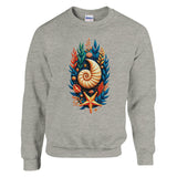 A heather gray crewneck sweatshirt featuring a colorful graphic print of a nautilus shell surrounded by blue, orange, and gold seashells and starfish on the front.