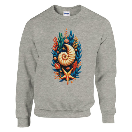 A heather gray crewneck sweatshirt featuring a colorful graphic print of a nautilus shell surrounded by blue, orange, and gold seashells and starfish on the front.