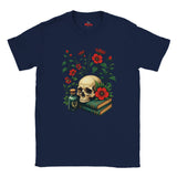 Navy blue t-shirt with a skull, books, and flowers design on a white background