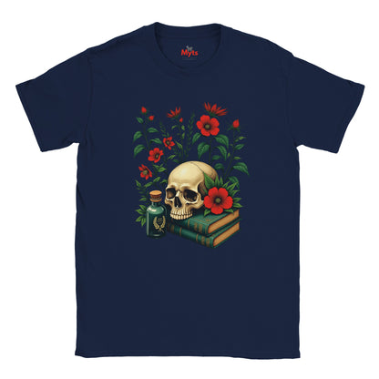 Navy blue t-shirt with a skull, books, and flowers design on a white background