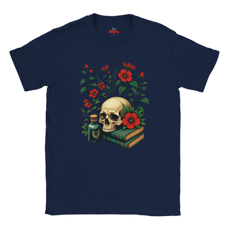 Navy blue t-shirt with a skull, books, and flowers design on a white background
