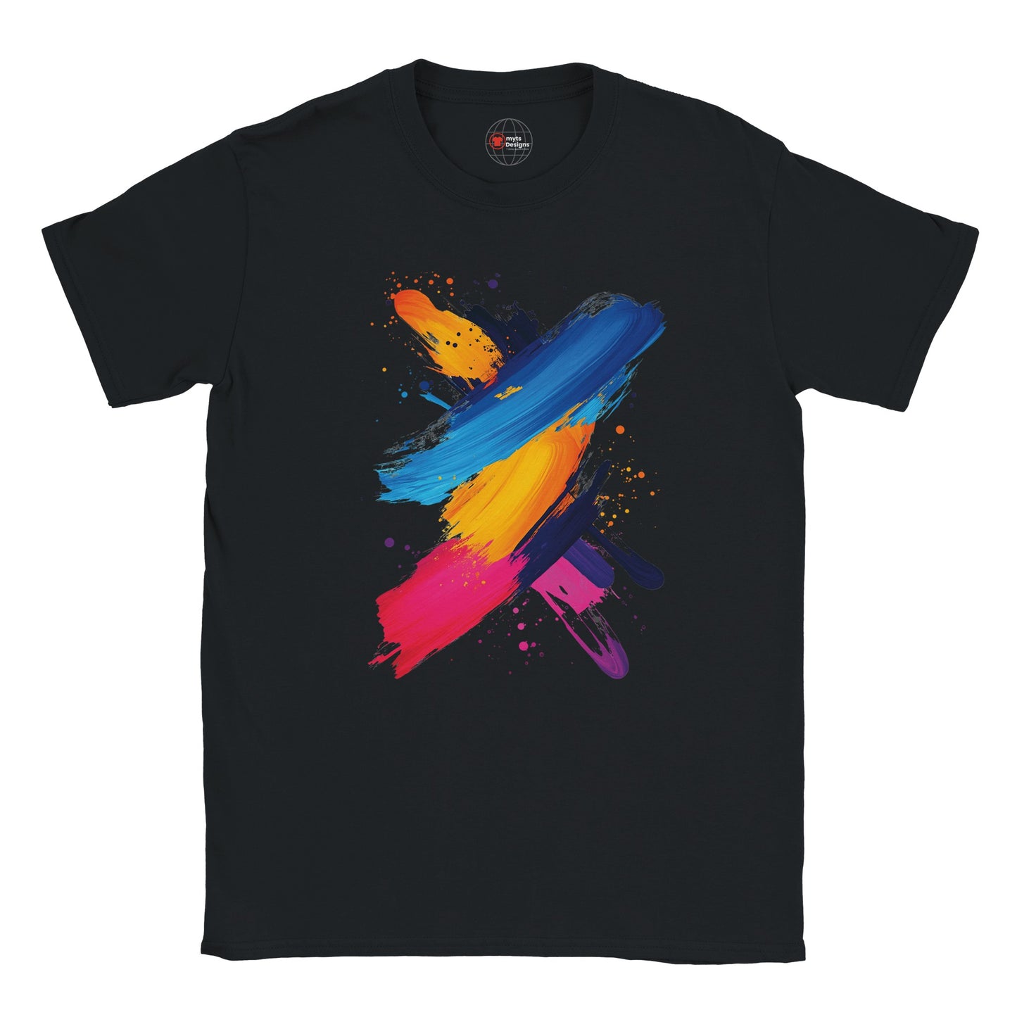 Black t-shirt with colorful abstract design on a white background