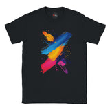 Black t-shirt with colorful abstract design on a white background