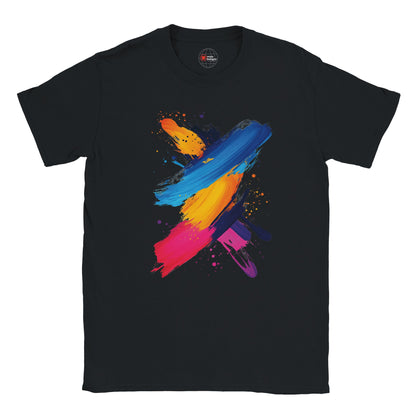 Black t-shirt with colorful abstract design on a white background