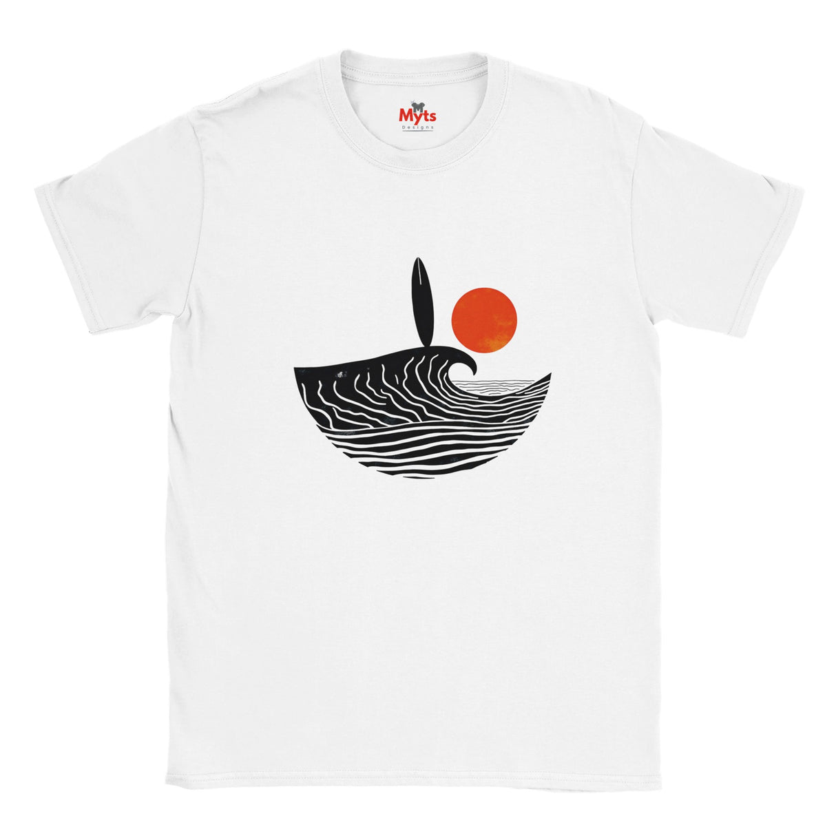 White t-shirt with a black and white design of a wave and red circle on a white background