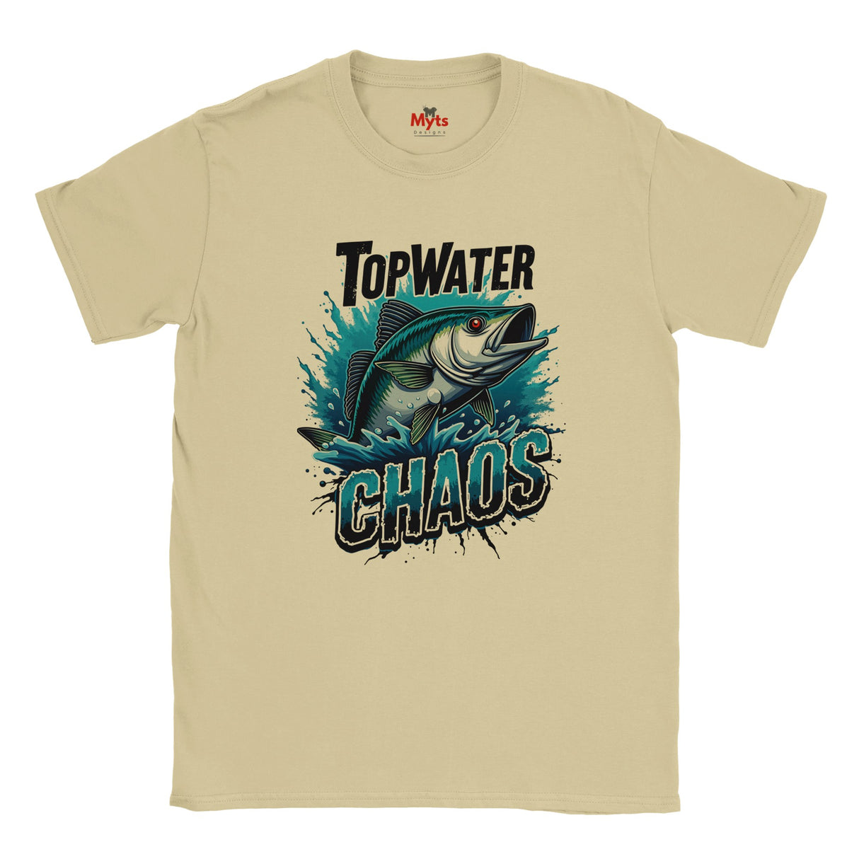 Beige t-shirt with a fish graphic and 'Top Water Chaos' text on a white background