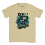 Beige t-shirt with a fish graphic and 'Top Water Chaos' text on a white background
