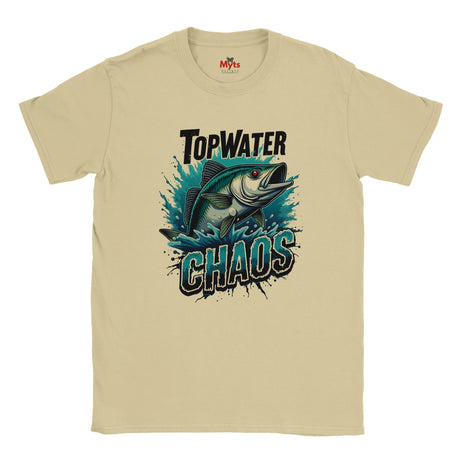 Beige t-shirt with a fish graphic and 'Top Water Chaos' text on a white background