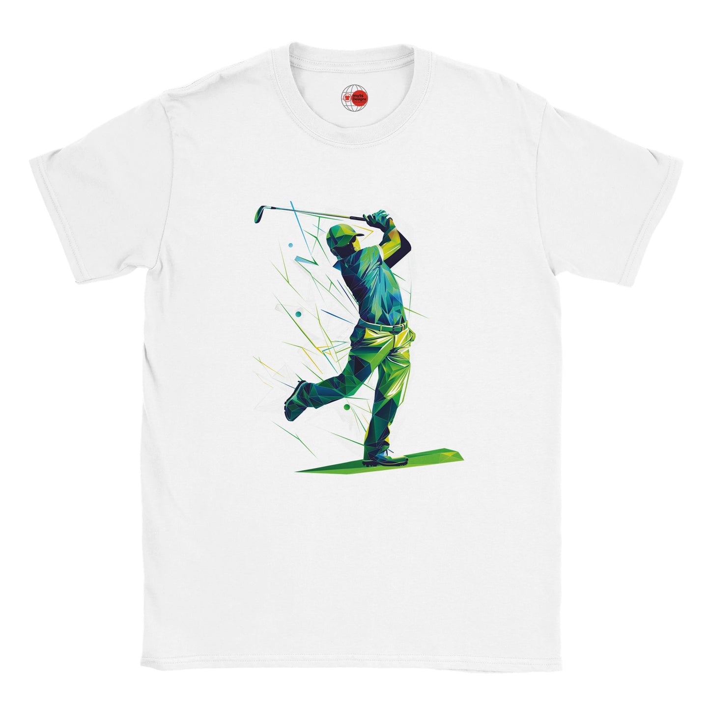 White t-shirt with a graphic of a golfer in action on a white background