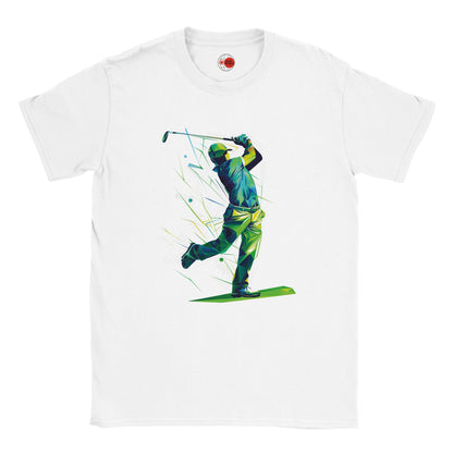 White t-shirt with a graphic of a golfer in action on a white background