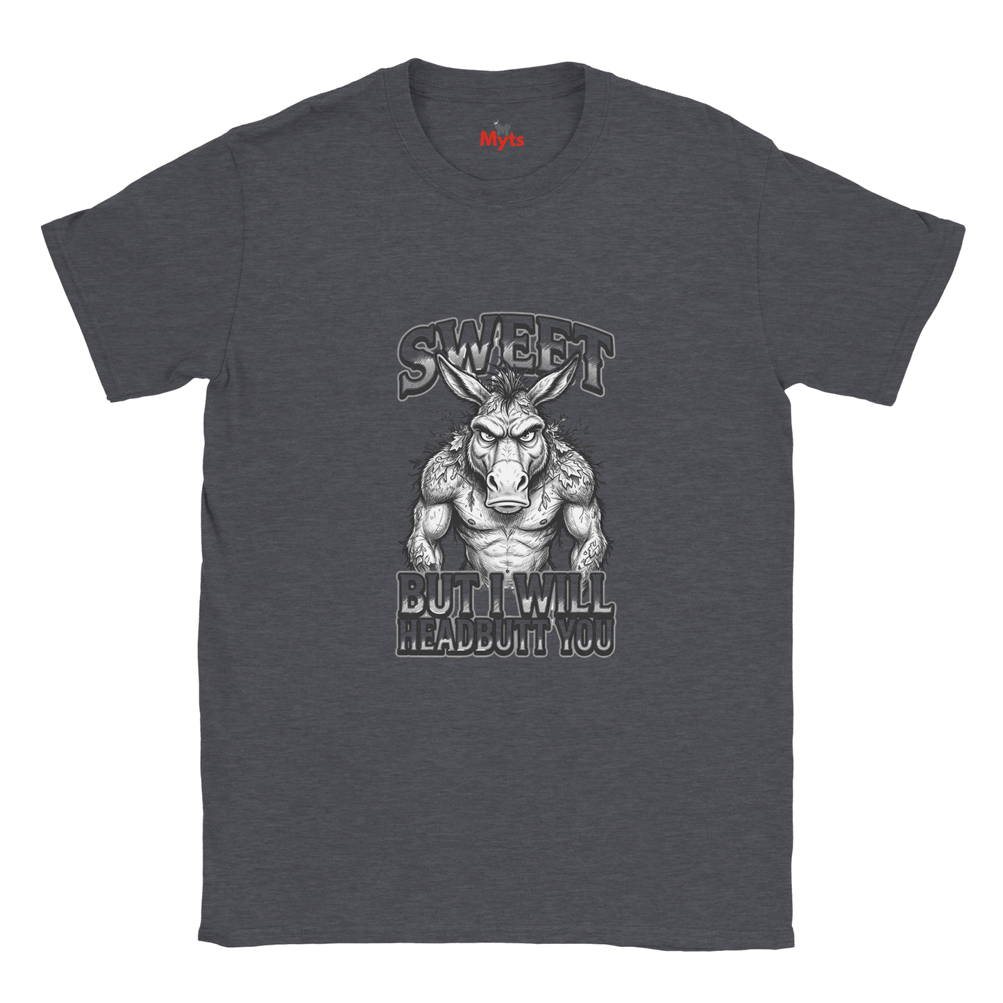 Dark Heather unisex t-shirt featuring muscular donkey graphic with “Sweet But I Will Headbutt You” slogan by MytsDesigns.k Heather