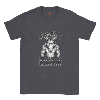 Dark Heather unisex t-shirt featuring muscular donkey graphic with “Sweet But I Will Headbutt You” slogan by MytsDesigns.k Heather