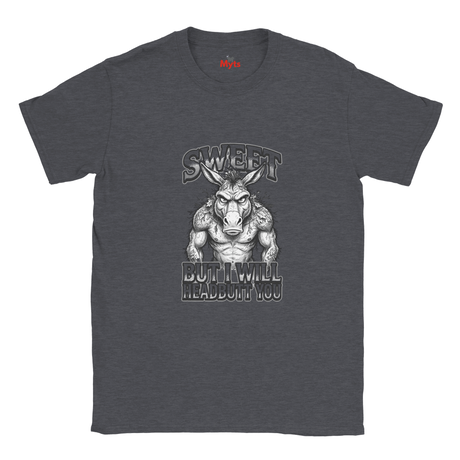 Dark Heather unisex t-shirt featuring muscular donkey graphic with “Sweet But I Will Headbutt You” slogan by MytsDesigns.k Heather