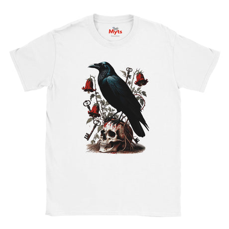 A white short-sleeve crewneck t-shirt featuring a gothic-style graphic print of a black raven perched on a skull, surrounded by red roses, keys, and bells. The brand name 'Myts' is printed inside the collar.