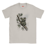 A Ice Grey crewneck t-shirt featuring a detailed graphic print of a koala sitting on a tree branch with eucalyptus leaves. The brand name 'Myts' is printed in red on the inside of the collar.