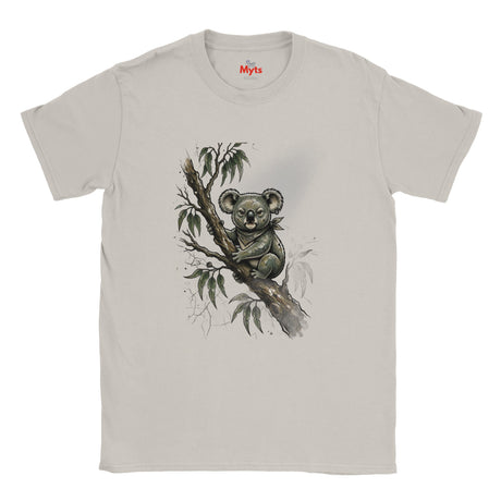 A Ice Grey crewneck t-shirt featuring a detailed graphic print of a koala sitting on a tree branch with eucalyptus leaves. The brand name 'Myts' is printed in red on the inside of the collar.