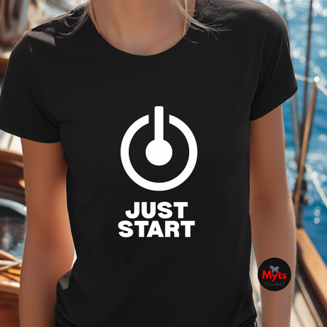 Minimalist Just Start motivational T-shirt with bold power button graphic on black unisex tee