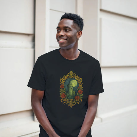 Man wearing a black t-shirt with a decorative design of a castle and roses, standing against a light-colored wall.
