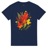 Navy blue t-shirt with colorful leaf design on a white background