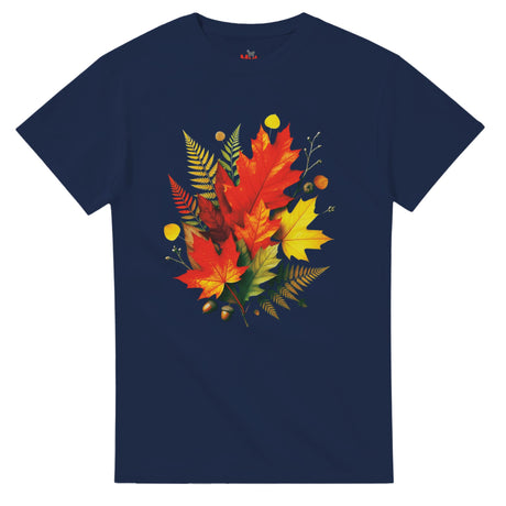 Navy blue t-shirt with colorful leaf design on a white background