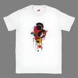 A white crew-neck t-shirt with a geometric space-inspired print featuring vivid colors and abstract designs.