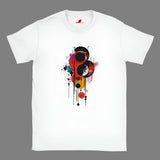 A white crew-neck t-shirt with a geometric space-inspired print featuring vivid colors and abstract designs.