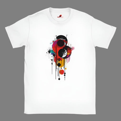 A white crew-neck t-shirt with a geometric space-inspired print featuring vivid colors and abstract designs.