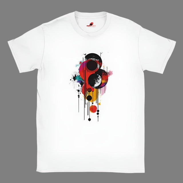 A white crew-neck t-shirt with a geometric space-inspired print featuring vivid colors and abstract designs.