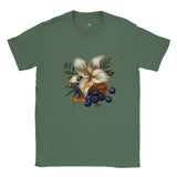 Green t-shirt with a floral design featuring white flowers and blueberries on a white background