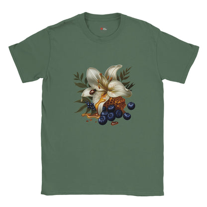 Green t-shirt with a floral design featuring white flowers and blueberries on a white background