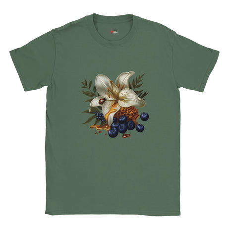 Green t-shirt with a floral design featuring white flowers and blueberries on a white background