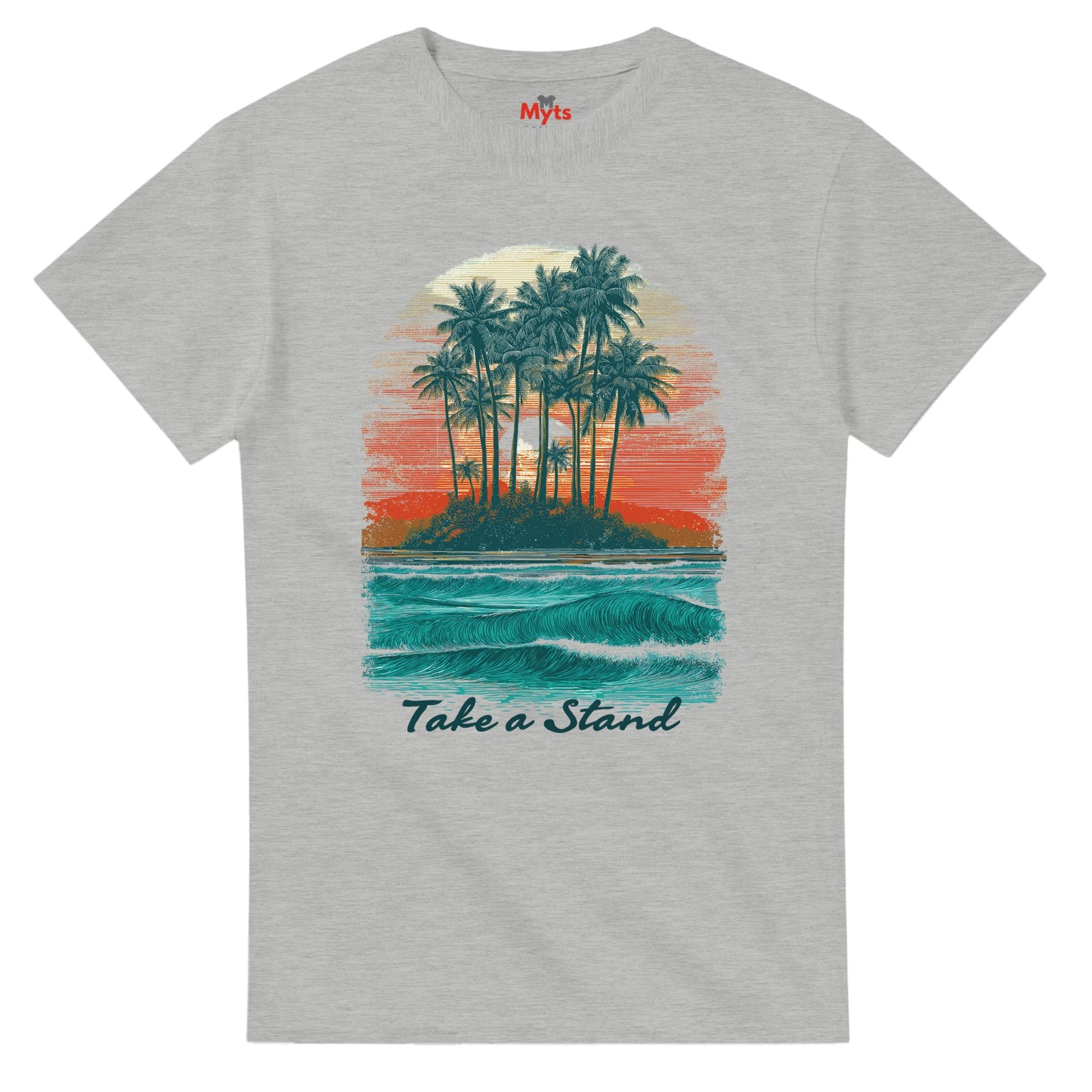 Gray t-shirt with a tropical island graphic and 'Take a Stand' text on a white background